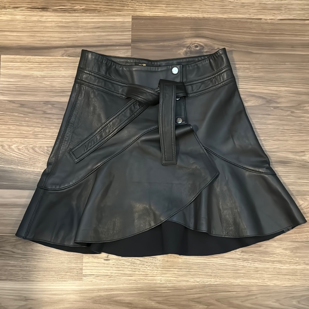 Maje Janaki Leather Black Wrap Lined Snap Tie Belt Mini A Line Skirt 26”